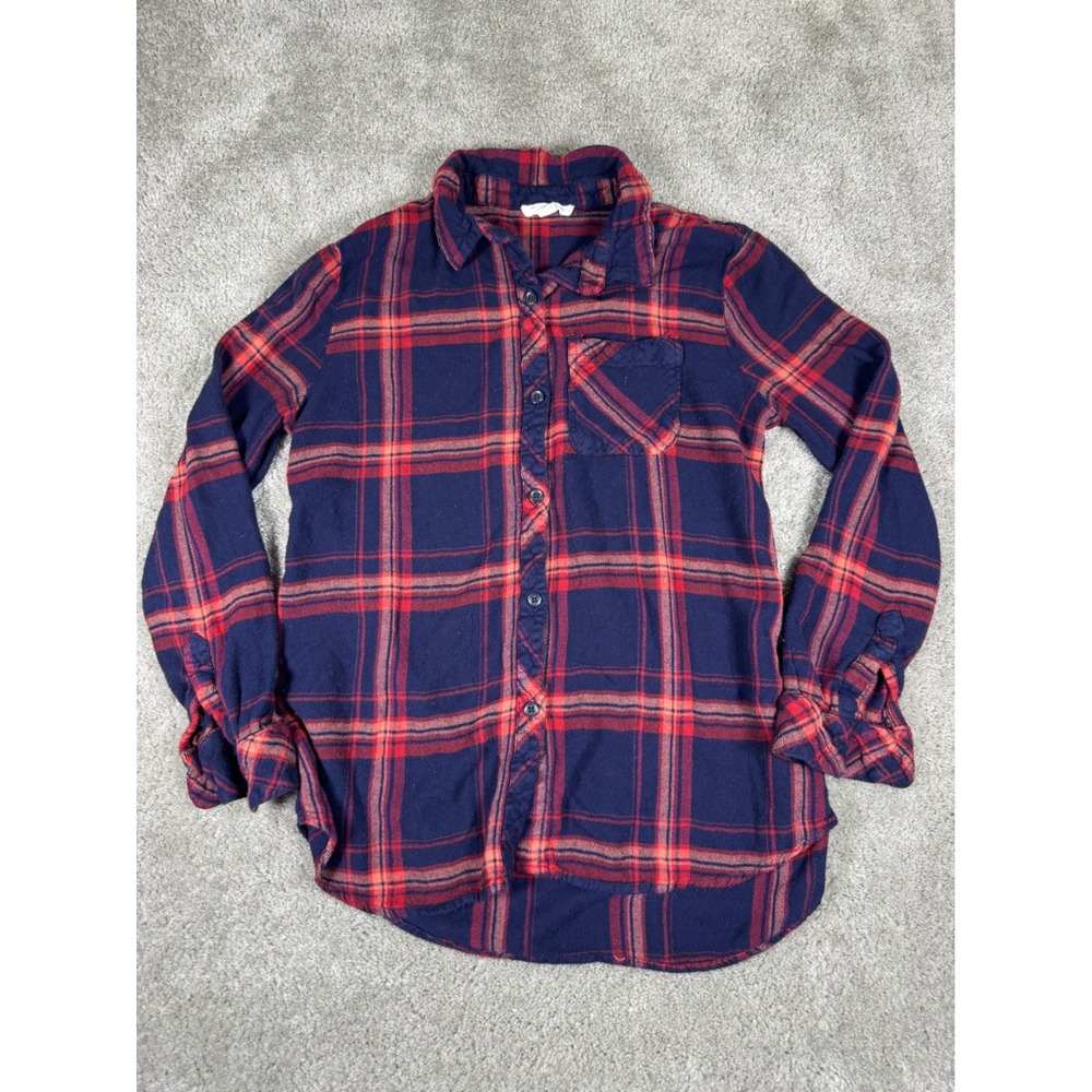 Beachlunchlounge Navy Blue Red Plaid Flannel Button Down Shirt Womens Medium